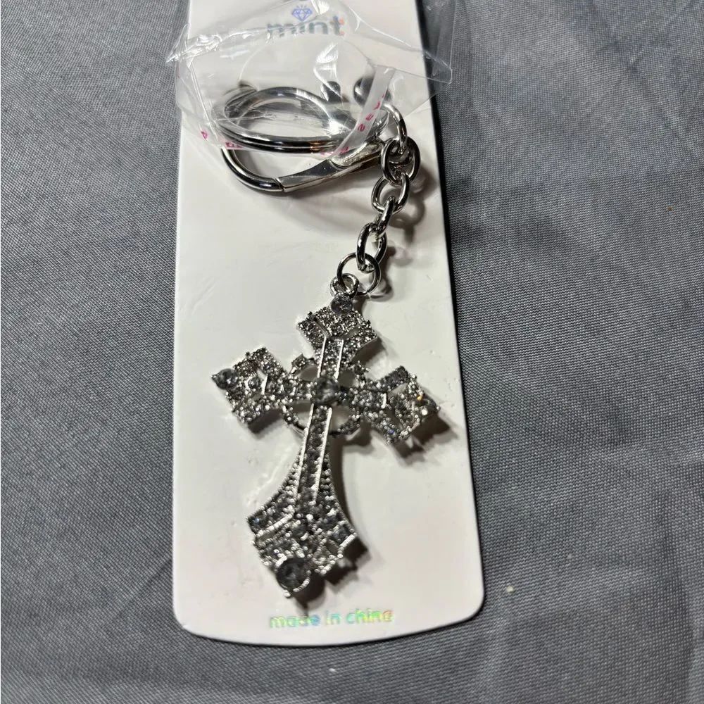 New Sparkling Silver Cross Keychain Purse Charm NWT